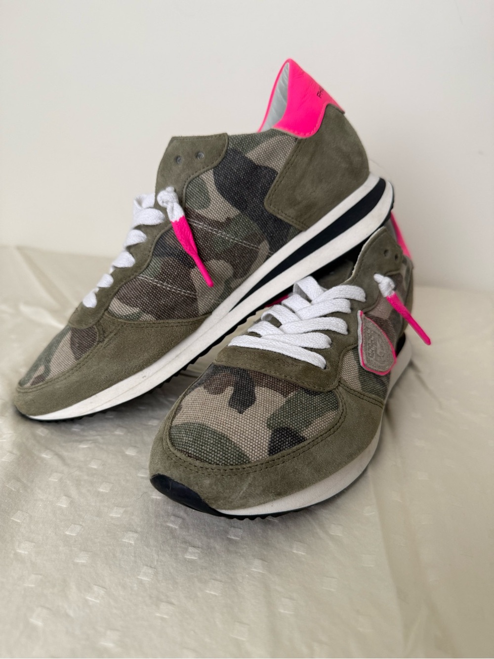 Philippe Model Olive Camo Sneakers with Neon Pink Accents